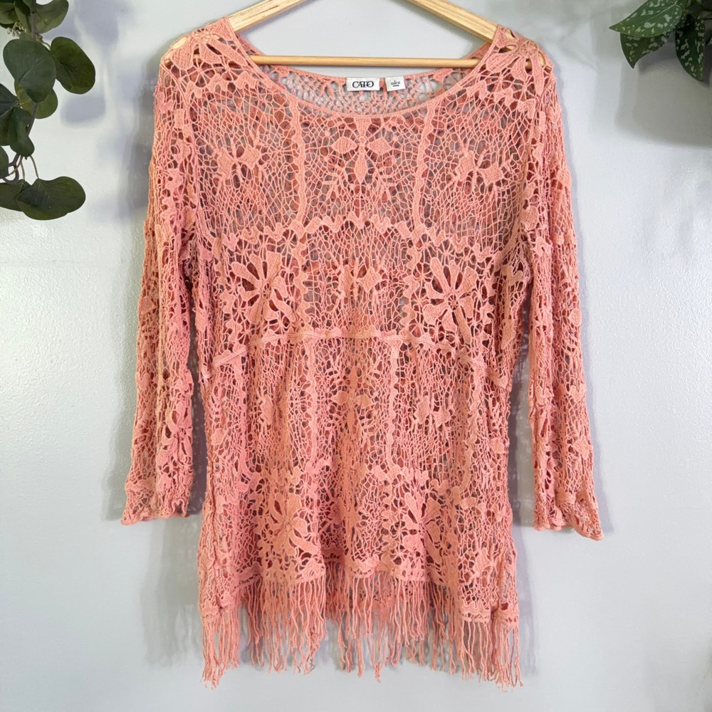 Cato Crochet Boho Top Lace Festival Fairy Fringe Hem Pink Scoop Neck Wmns L